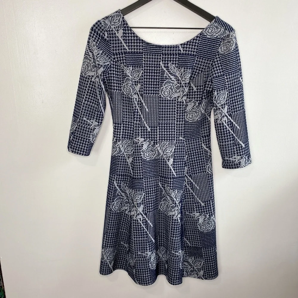 ModCloth Houndstooth Floral Rose Half Sleeve Dress - Picture 2 of 6